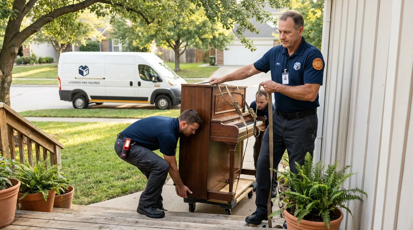 Licensed piano movers securing grand piano in Logan, WV