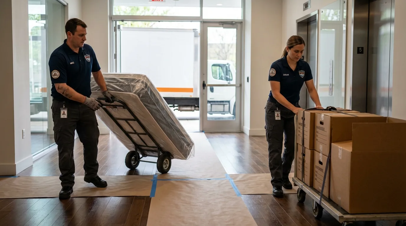Professional apartment movers loading elevator in Logan, WV