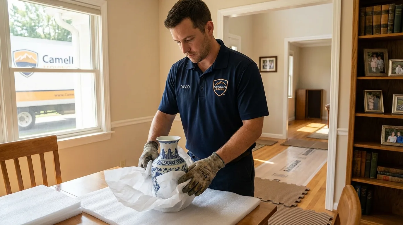Professional crew carefully wrapping antique vase for senior downsizing move in Logan, WV